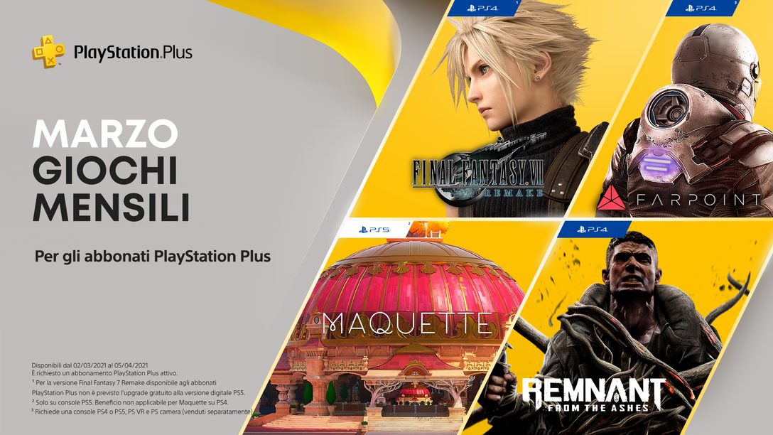 I giochi PlayStation Plus di marzo: Final Fantasy VII Remake, Maquette, Remnant: From the Ashes e Farpoint