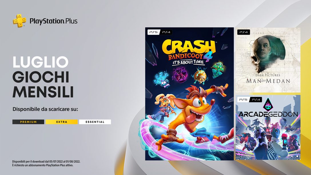 Giochi mensili di PlayStation Plus di luglio: Crash Bandicoot 4: It’s About Time, Man of Medan, Arcadegeddon