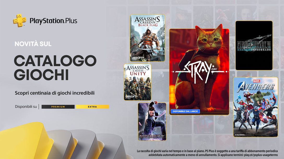 Selezione di titoli per il Catalogo giochi PlayStation Plus di luglio: Stray, Final Fantasy VII Remake Intergrade, Marvel’s Avengers
