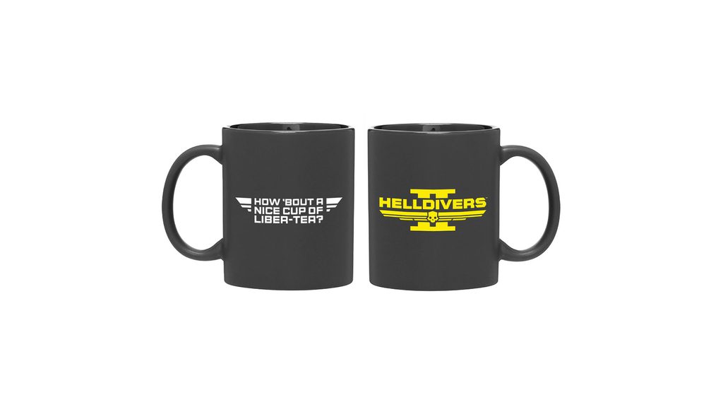 "Una tazza nera. Da una parte c'è il logo di Helldivers 2 logo in giallo. Dall'altra del testo in bianco che dice: ‘How about a nice cup of liber-tea?’"