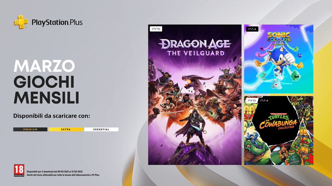 Giochi mensili PlayStation Plus di marzo: Dragon Age: The Veilguard, Sonic Colors: Ultimate, Teenage Mutant Ninja Turtles: The Cowabunga Collection