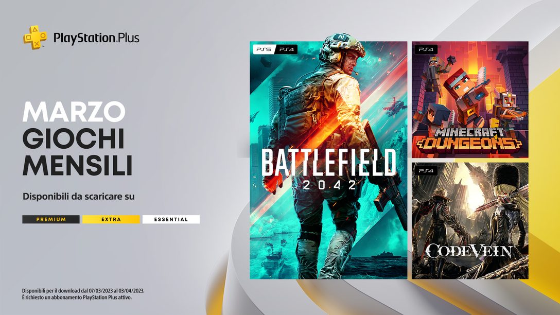 Giochi mensili PlayStation Plus di marzo: Battlefield 2042, Minecraft Dungeons, Code Vein 