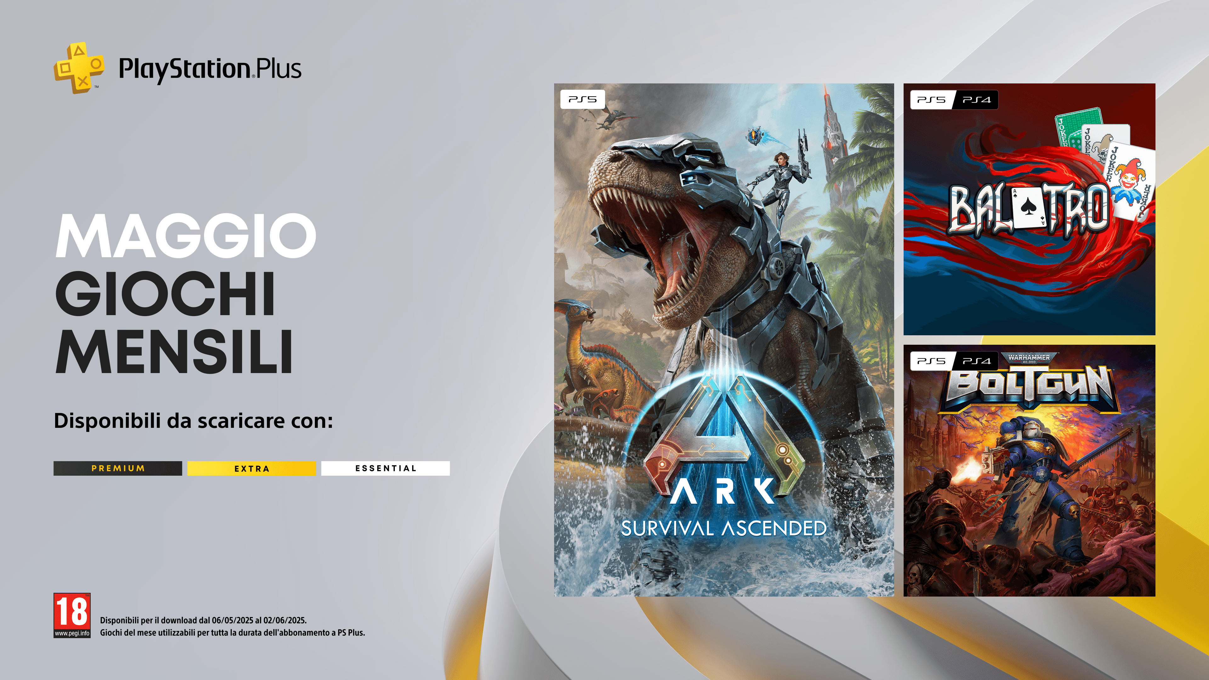 Giochi mensili PlayStation Plus di maggio: ARK: Survival Ascended, Balatro, Warhammer 40,000: Boltgun