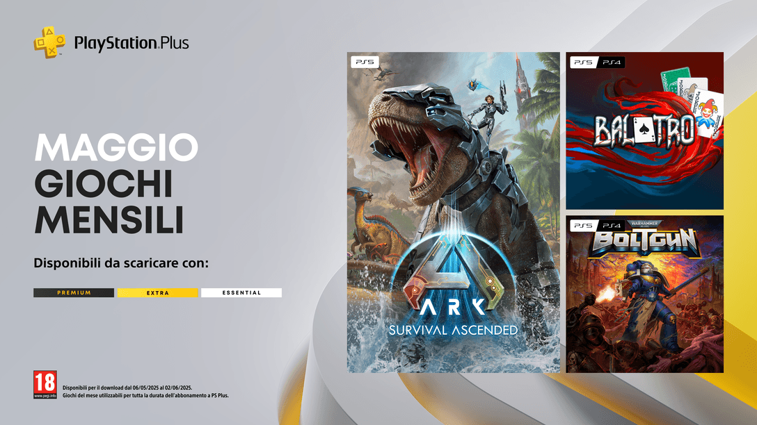 Giochi mensili PlayStation  Plus di maggio: ARK: Survival Ascended, Balatro, Warhammer 40,000: Boltgun