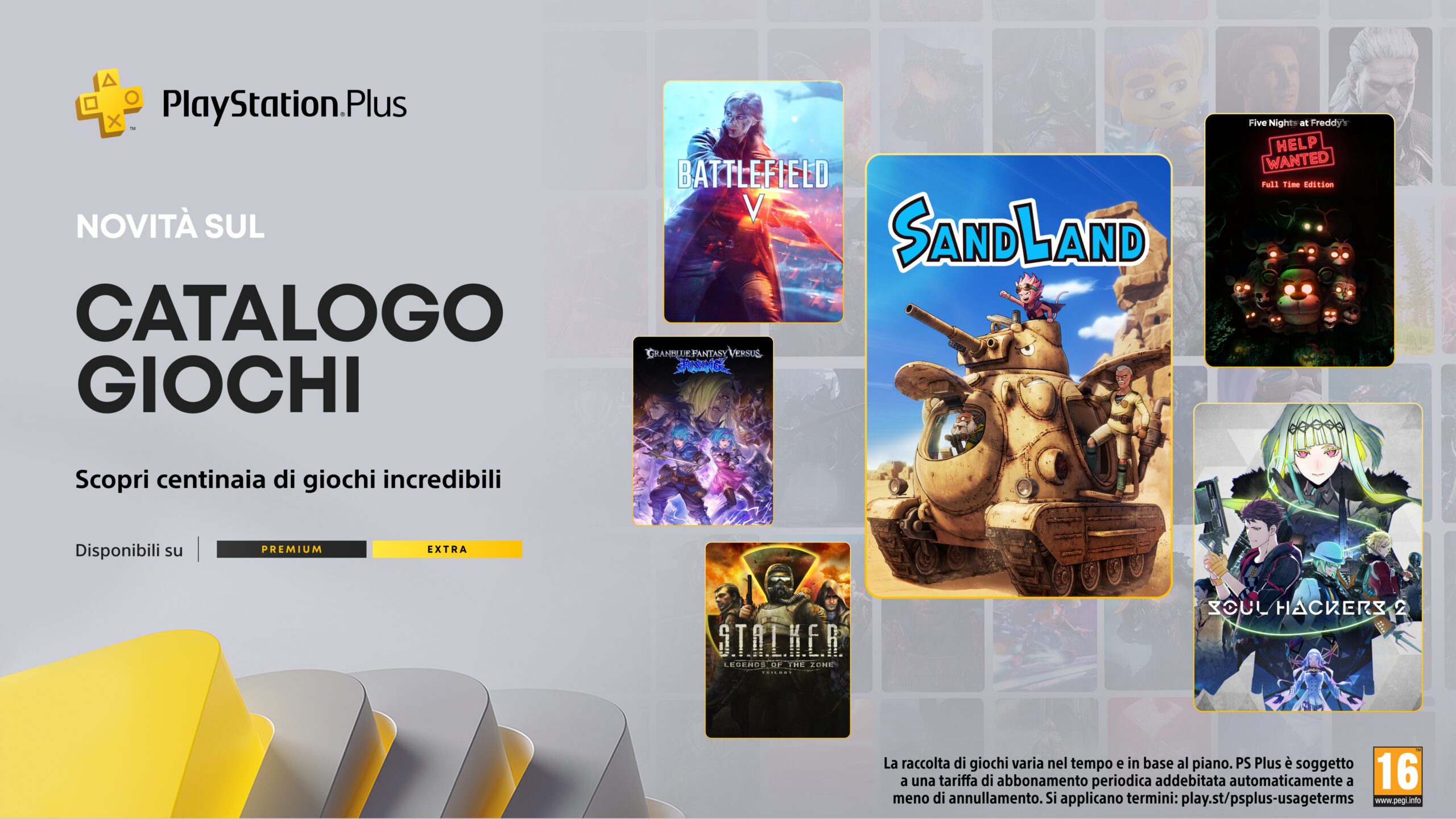Catalogo giochi PlayStation Plus di maggio: Sand Land, Soul Hackers 2, Five Nights at Freddy’s: Help Wanted, Battlefield V e non solo