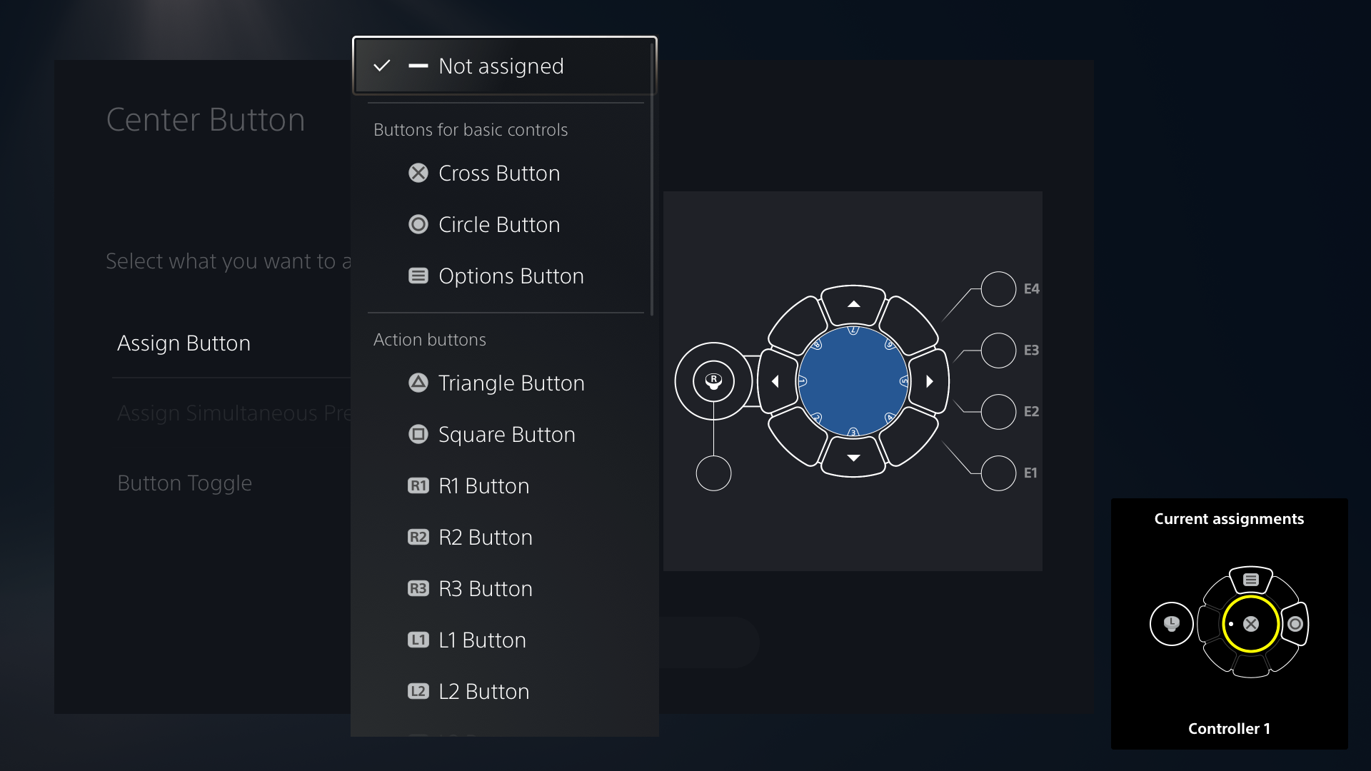  "Immagine dell'interfaccia utente del controller Access che mostra le opzioni di assegnazione dei tasti"